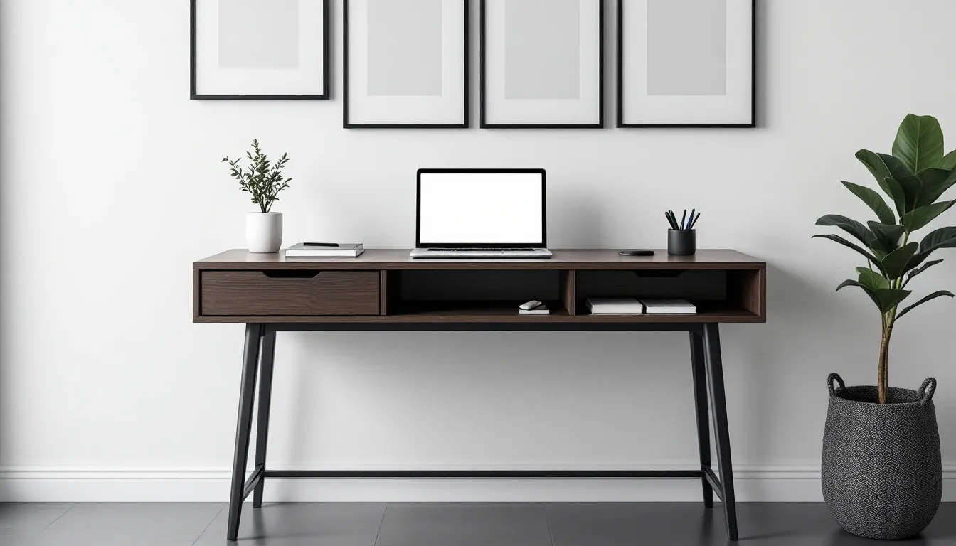 The image depicts a stylish console table set up as a home office workspace, featuring a laptop and drawers for storage, ideal for narrow spaces. The console table blends functionality and aesthetics, making it a perfect addition to any living space or hallway.