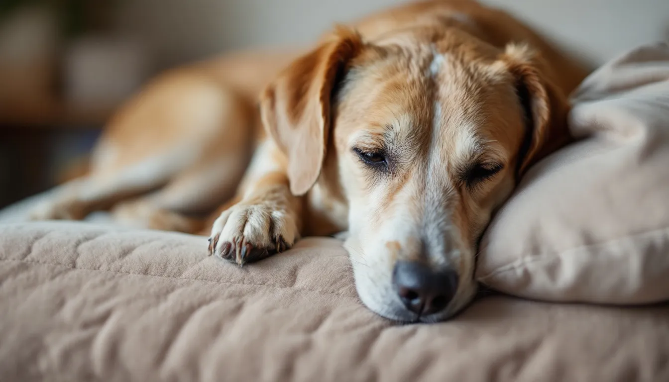A senior dog is peacefully resting on orthopedic bedding, designed to support its hip joints and alleviate discomfort associated with conditions like hip dysplasia. The soft surface provides comfort for the dog's aging body, helping to prevent joint pain and promoting better sleep.