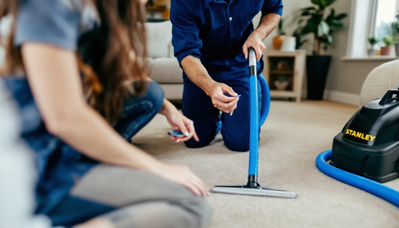 Fairfax Va Carpet Cleaning Inspecting Carpet Fibers And Carpet Stains Explaining Cleaning Process.