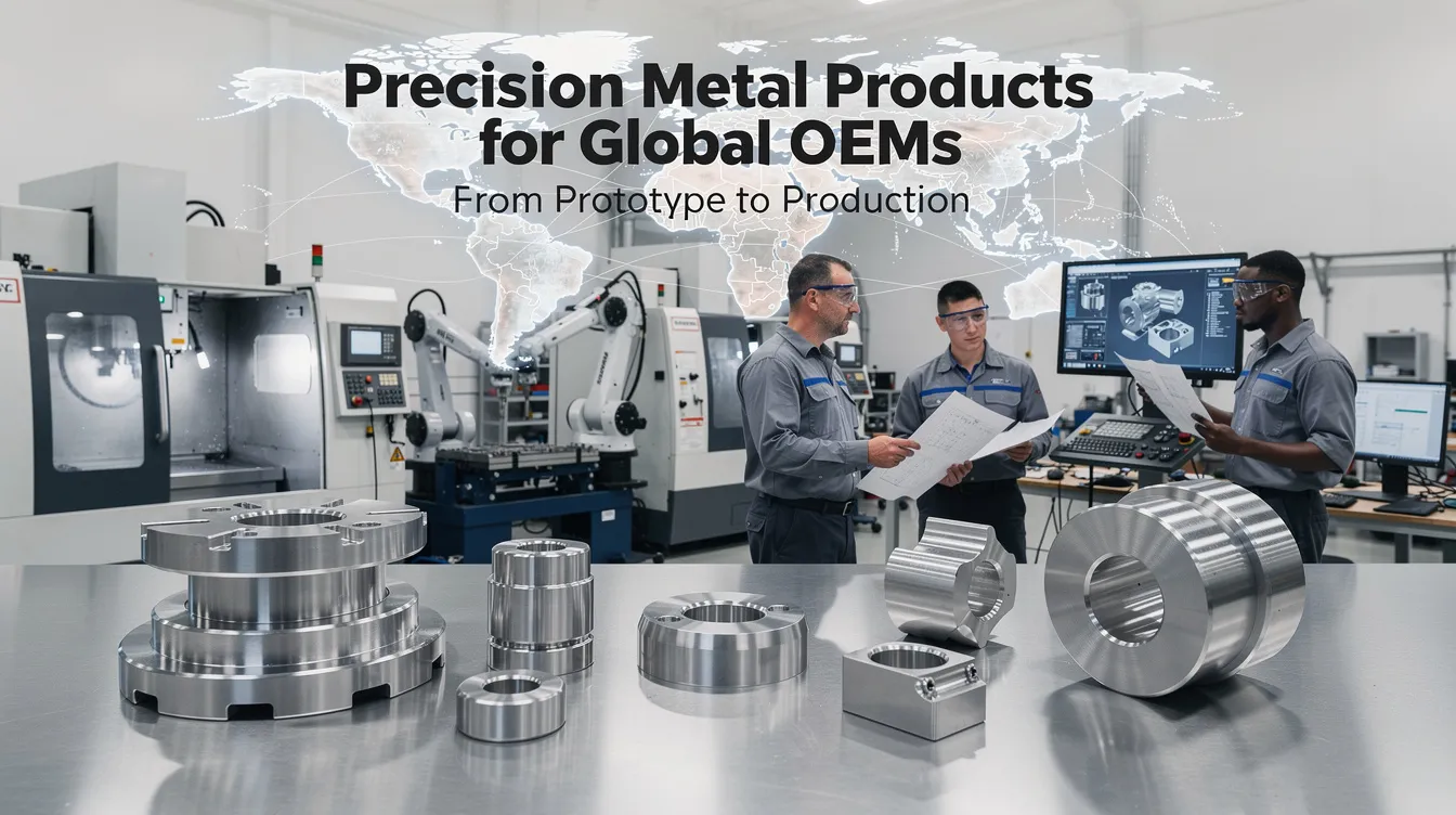 The image showcases a state-of-the-art manufacturing facility in El Cajon, California, specializing in precision metal products for global OEMs across industries such as aerospace, medical, and defense. The facility highlights the company's commitment to excellence with a robust quality management system and a skilled team dedicated to meeting customer needs from prototype to production.
