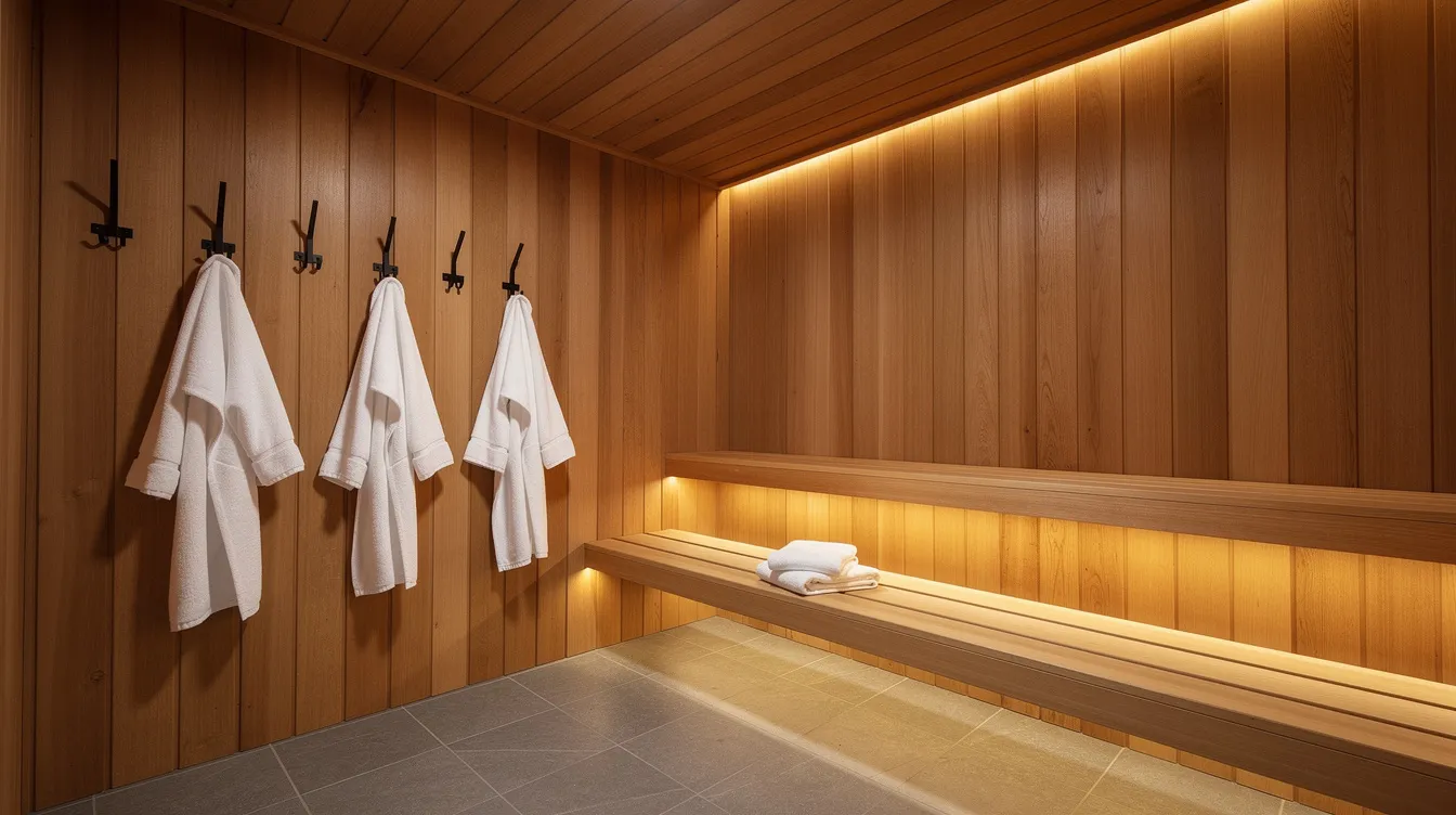 The image depicts a modern cedar sauna changing area featuring a sturdy wooden bench, wall-mounted towel hooks, and soft ambient lighting, creating a relaxing atmosphere. This thoughtfully designed space includes towel storage solutions, enhancing the sauna experience with easy access to warm towels.
