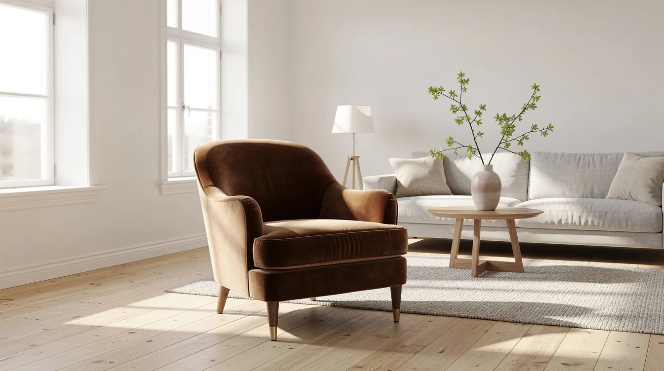 En elegant sammetsfåtölj i en ljus, modern skandinavisk inredning med trägolv och naturligt ljus, som erbjuder en skön och lyxig sittplats i vardagsrummet. Fåtöljen har en stilren design som passar perfekt i hemmet och ger en känsla av komfort och stil.