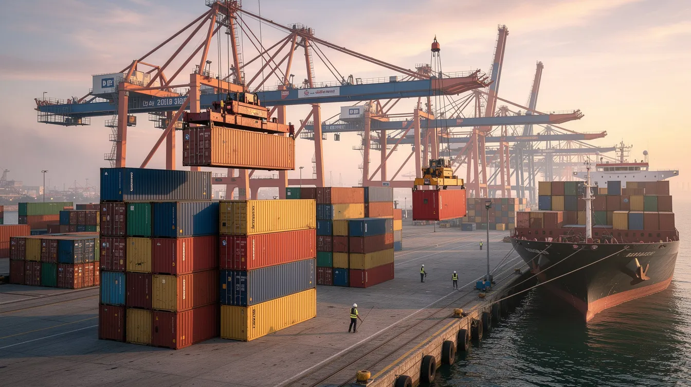 The image shows cargo containers being loaded onto a ship at a busy shipping port, with towering industrial cranes in the background. This scene highlights the logistics involved in transporting goods, which is essential for industries such as CNC machining and precision machining services.
