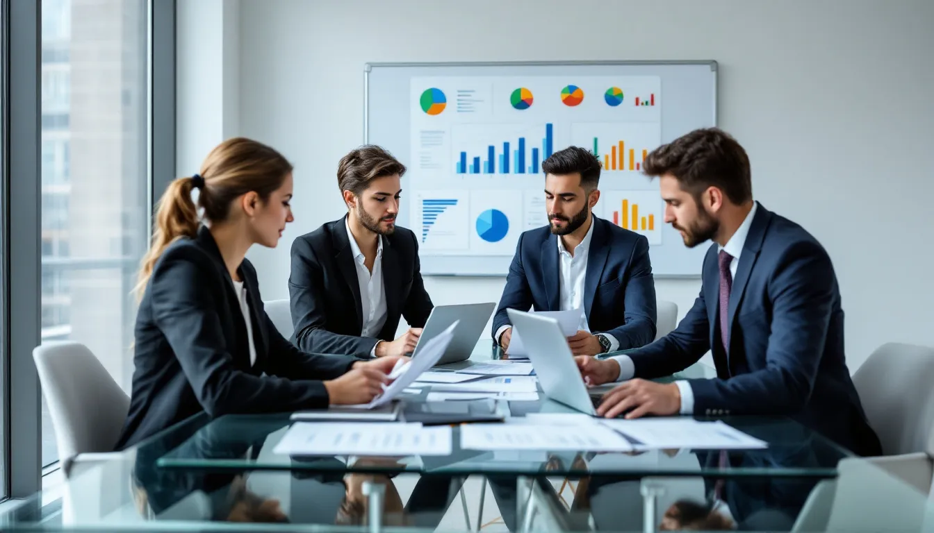A business team is gathered around a table, reviewing budget documents and charts that showcase data visualization and analytics features. They are discussing actionable insights derived from various data sources to make informed decisions about their organization's financial strategy.