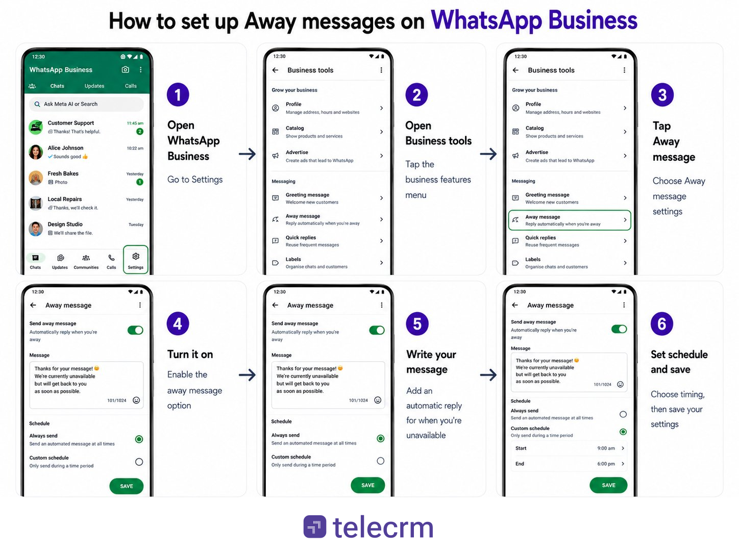 WhatsApp Auto Reply Message Guide With Templates in 2026 2 Step by step process of setting up away messages - a telecrm guide