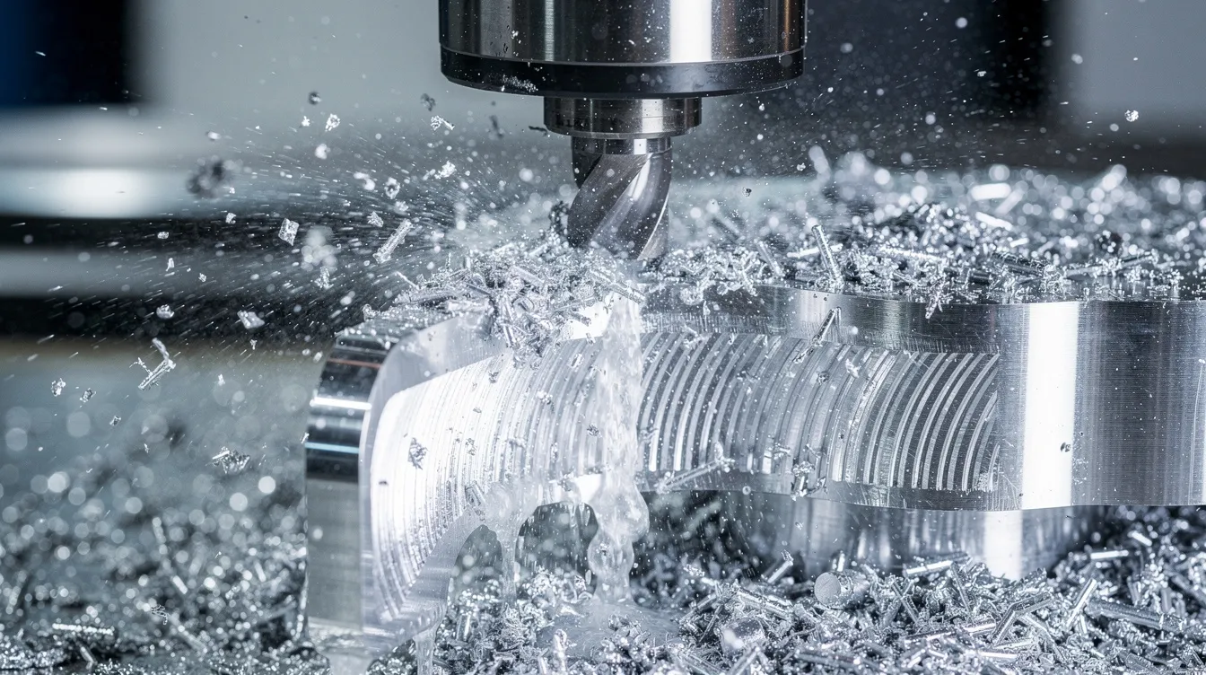 A close-up view of a CNC milling machine cutting an aluminum part is depicted, with coolant spraying and metal chips scattered around, showcasing the precision and efficiency of advanced CNC machines. This image highlights the capabilities of CNC machining services, emphasizing the high accuracy and quality of custom machining solutions.