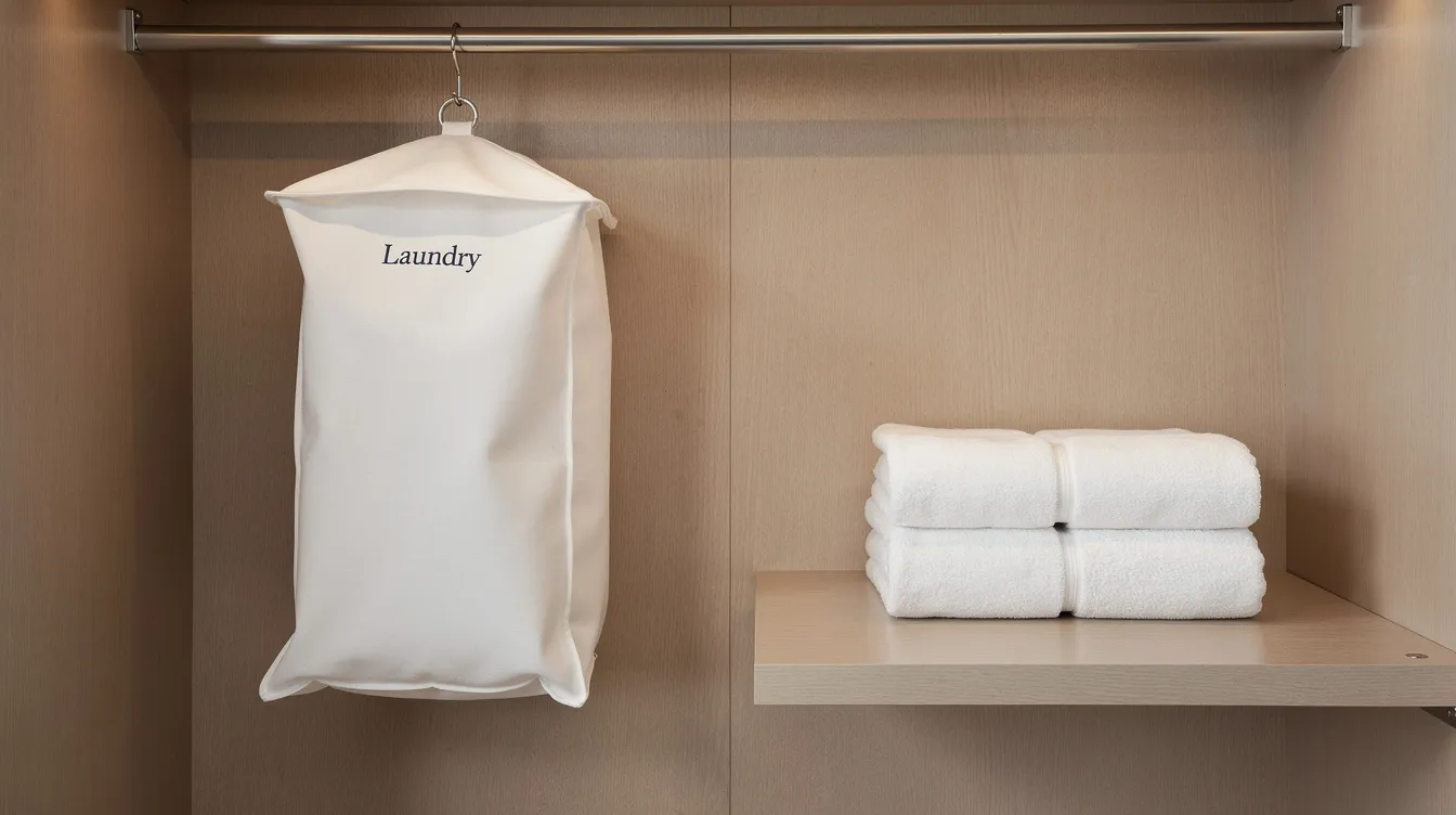 The image shows the interior of a hotel closet featuring a fabric laundry bag hanging on a hook, alongside neatly folded towels on a shelf, highlighting the convenience of hotel laundry service for guests managing their dirty clothes during their stay.