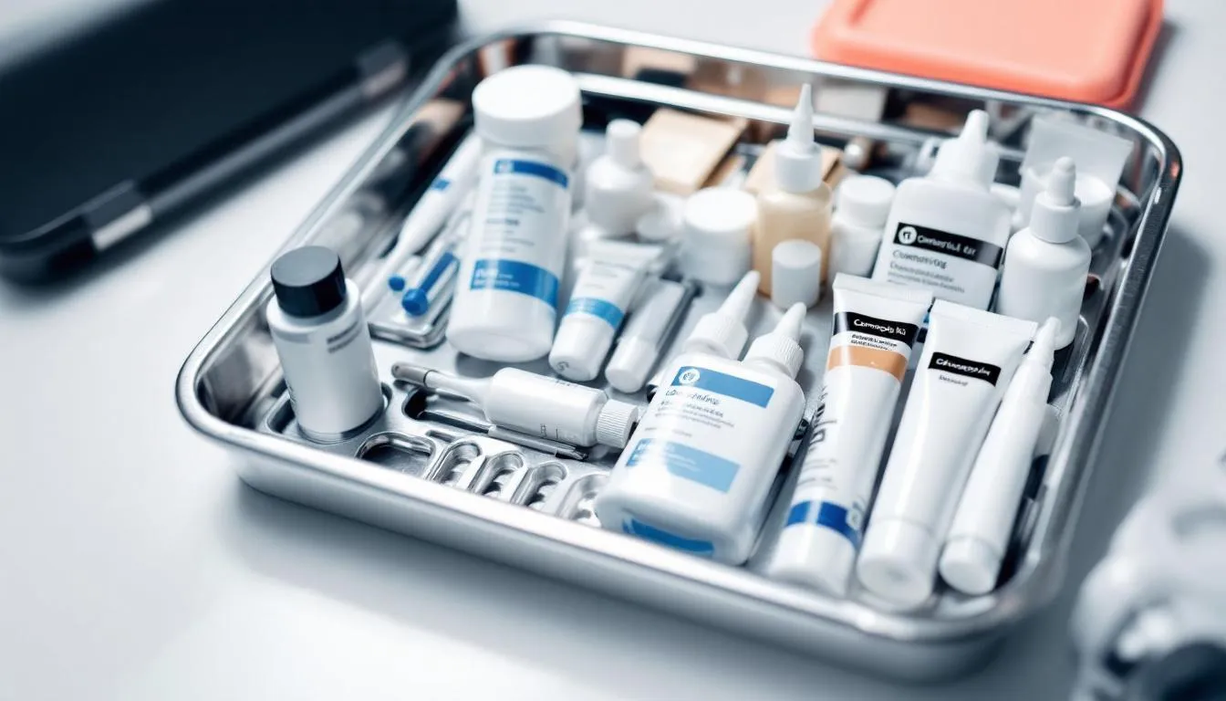 A dental tray is filled with a comprehensive range of various dental restorative materials and composite kits, showcasing essential dental supplies used in the dental industry. The arrangement highlights quality dental equipment necessary for effective treatment and infection control in dental practices.
