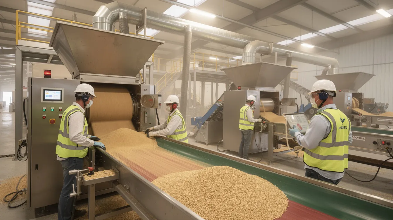 cd584500 13ff 4cf2 baf5 1c9e753ffb21 The image depicts workers in protective gear operating large grain dehusking and splitting machinery inside a pulse processing plant, showcasing their focus on efficient production and quality control of processed pulses like chana dal and toor dal. The scene highlights the operational efficiency and industry expertise required to manage such advanced equipment in a facility dedicated to meeting market demand.