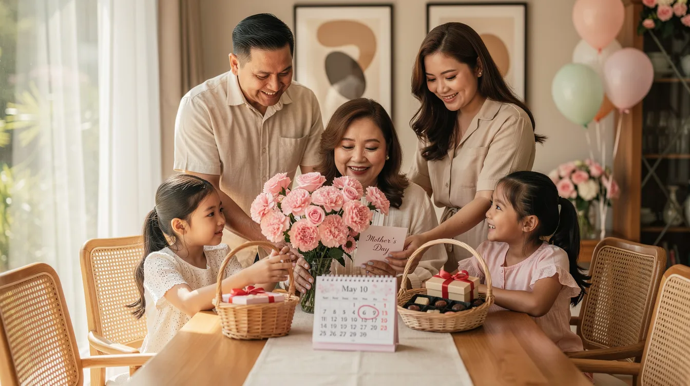 A warm and inviting editorial photo captures a loving Filipino family celebrating Mother's Day at home, with a smiling mother seated at the dining table surrounded by her adult children and young grandchildren. They present her with a beautiful bouquet of pink carnations and roses, a gift basket, and chocolates, all set in a cozy atmosphere filled with soft natural light and festive details, while a small calendar on the table subtly marks May 10.