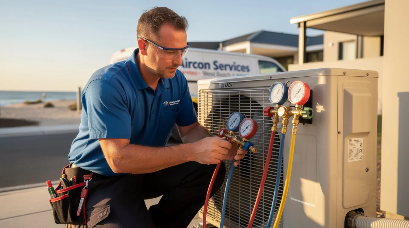 A technician is checking the refrigerant levels during an aircon regas procedure for a car in West Beach, using a regas machine to ensure the air conditioning system operates efficiently. The technician is focused on removing existing gas and assessing for any visible leaks to improve the vehicle's cooling performance.