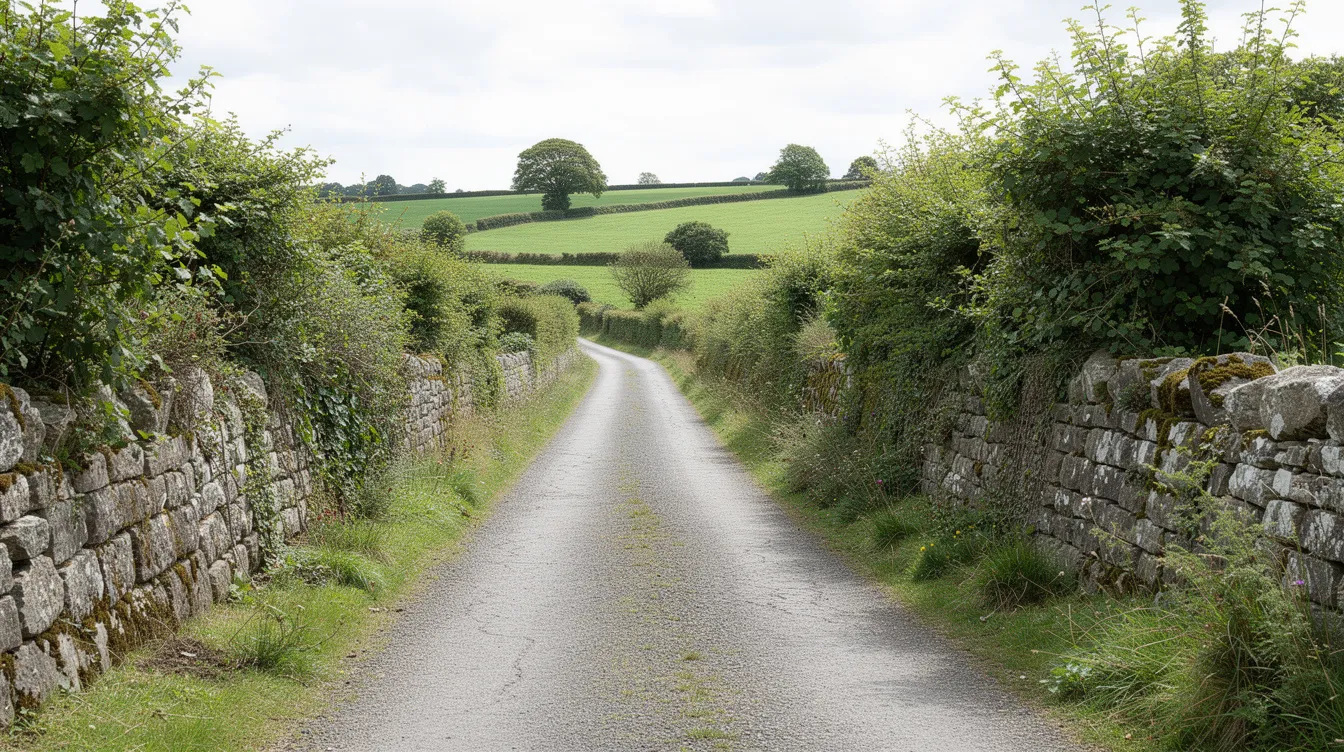 The image depicts a serene rural road flanked by lush green hedgerows and traditional stone walls, winding through the picturesque countryside of Northern Ireland. This landscape reflects the peaceful coexistence and cross-border cooperation between the Republic of Ireland and Northern Ireland, symbolizing the open border that facilitates movement for Irish and UK citizens.
