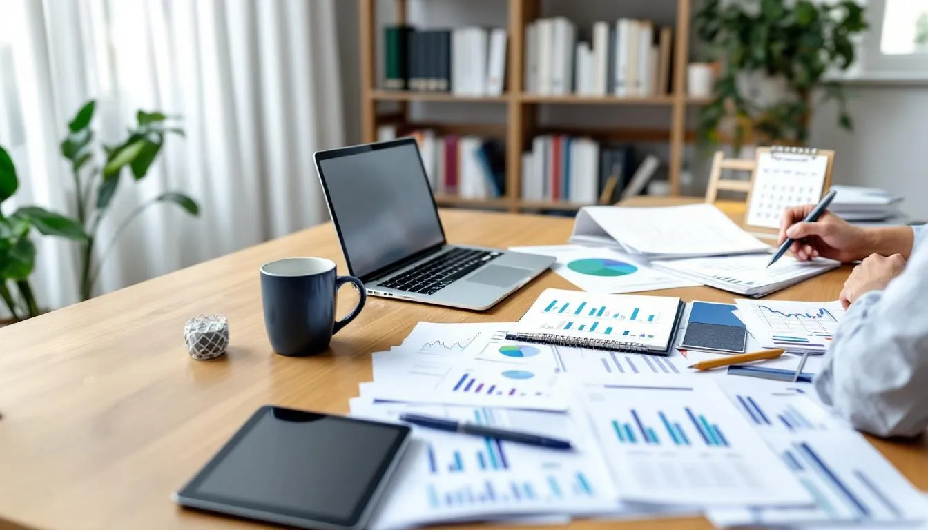 The image depicts a well-organized home office setup featuring financial planning documents and investment charts spread across a desk, emphasizing the importance of financial literacy and personal finance management. This space is designed for young people aiming to achieve their financial goals, with resources that include books on saving money, retirement planning, and investing strategies.