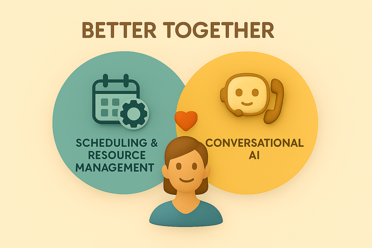 Two bubbles merging into one; one represents scheduling, one conversational AI