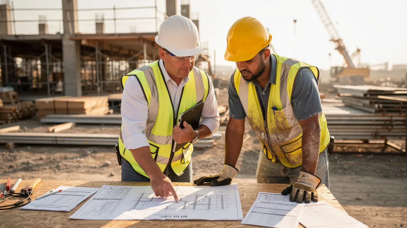 A construction supervisor and a crew member are collaborating on a job site, reviewing important documents to ensure compliance with labor laws and safety standards. This interaction highlights effective communication and the importance of maintaining a positive workplace culture within the construction industry.