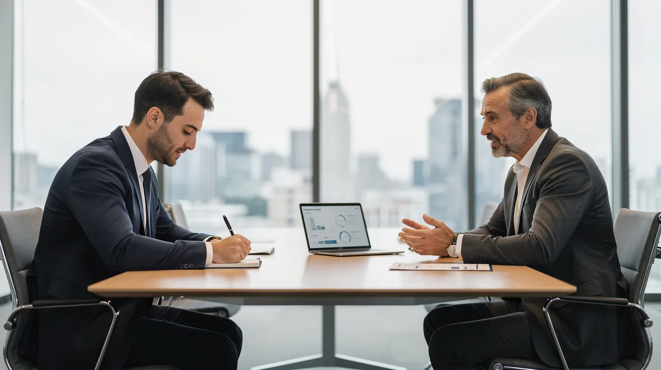 Un commercial prend des notes sur un carnet pendant un entretien avec un dirigeant dans une salle de réunion moderne, visant à comprendre les besoins du client et à établir un plan de découverte pour la vente. L'atmosphère est professionnelle, avec des éléments de stratégie commerciale en arrière-plan.
