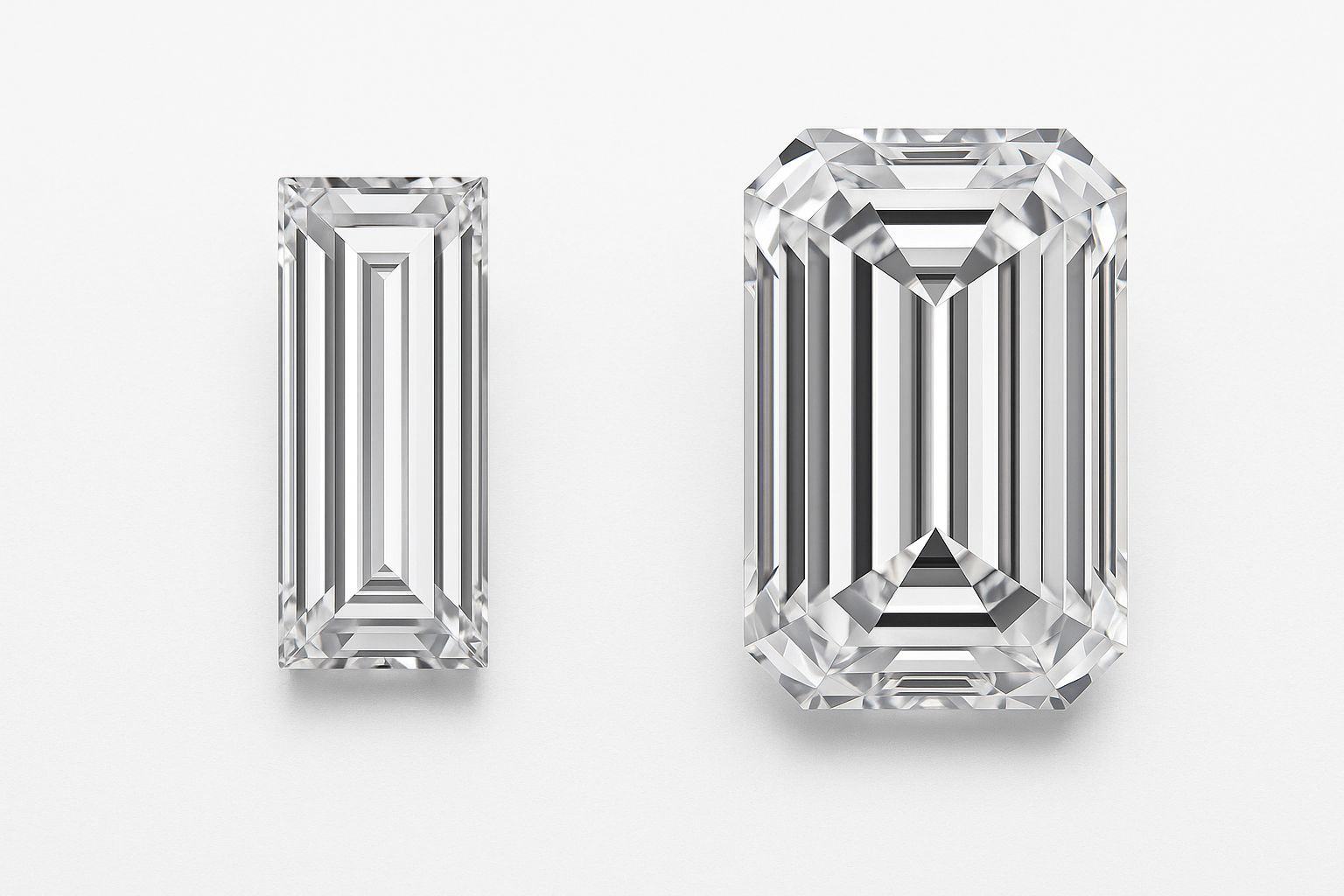 Baguette formos deimanto ir emerald formos palyginimas ant balto fono – skirtingos formos.