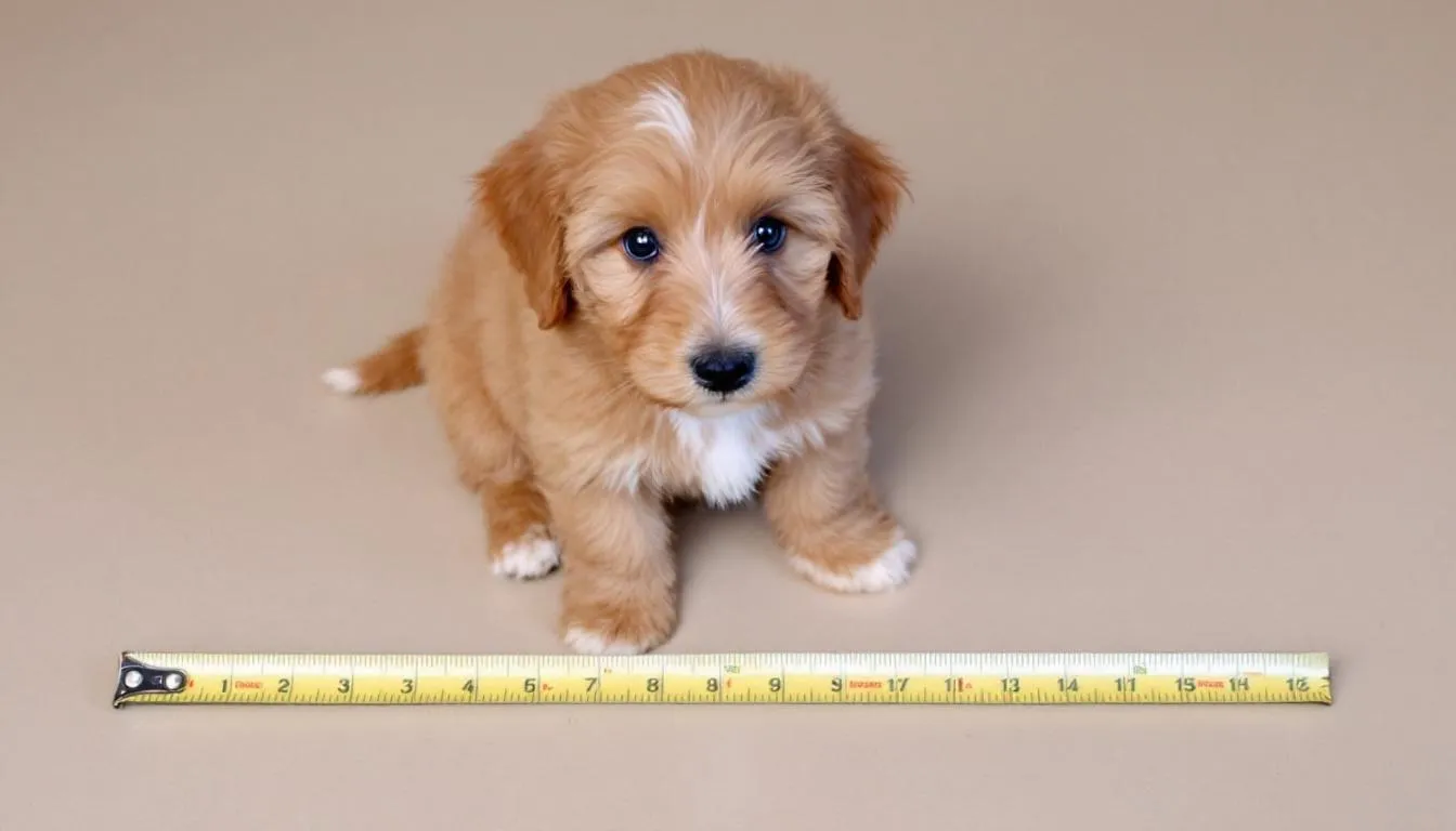 A miniature Goldendoodle puppy sits next to a measuring tape, providing a clear size reference for this small yet affectionate breed. This image highlights the puppy
