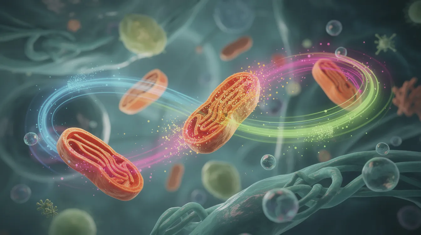 An abstract illustration showcases colorful representations of mitochondria and cellular structures, with vibrant energy particles flowing through them, symbolizing cellular energy production and overall health. This dynamic image reflects the importance of mitochondrial function in supporting healthy aging and cognitive function.