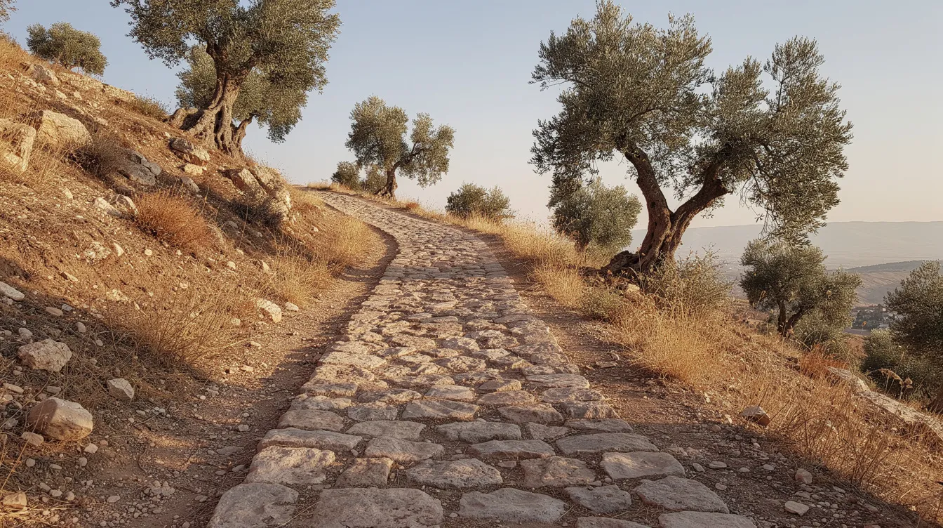 The image depicts an ancient stone path meandering through a dry hillside in the Middle East, dotted with olive trees, evoking a sense of the historical context of Jesus Christ's ministry and the teachings about God's kingdom. This serene landscape reflects the simplicity and beauty of life in the biblical era, inviting contemplation of God's reign and the principles of the kingdom of heaven.