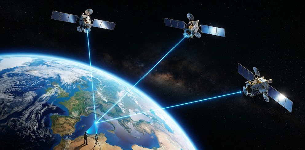 GPS satellites orbiting Earth sending signal to a GPS tracker on the ground without internet