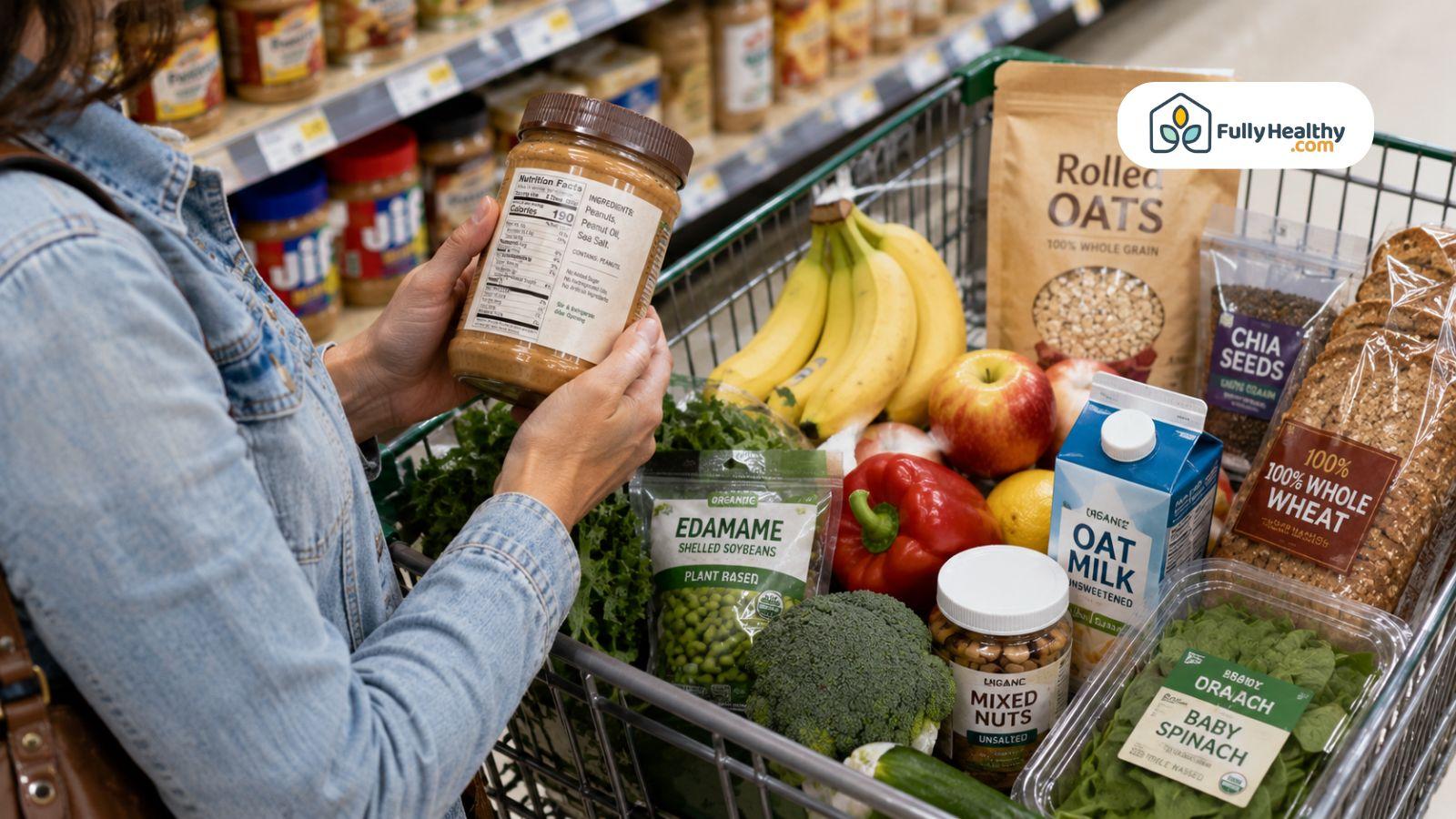 Shopper checking peanut butter label beside healthy groceries in shopping cart aisle