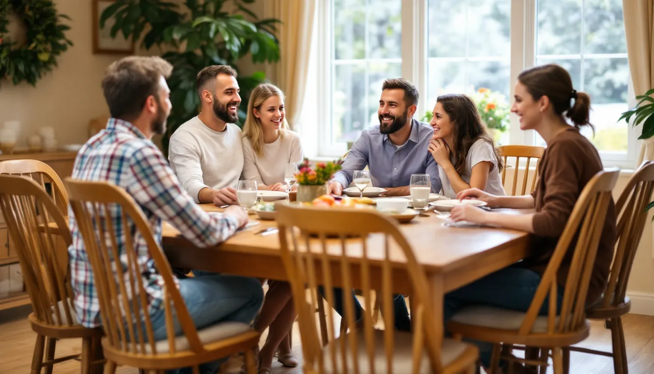 A family is gathered around a dining table, enjoying a meal together while seated on a set of eight matching contemporary dining chairs. The cozy dining space is filled with laughter and warmth, creating a perfect dining experience for loved ones.