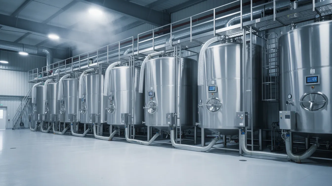 cd67c9c3 71f9 4c5b 8251 860c6e782f5a The image depicts large stainless steel fermentation tanks within an industrial ethanol distillery, showcasing the essential equipment used in bioethanol production. These tanks play a crucial role in the ethanol production process, utilizing raw materials like broken rice and grain to convert starch into alcohol, contributing to renewable energy solutions.