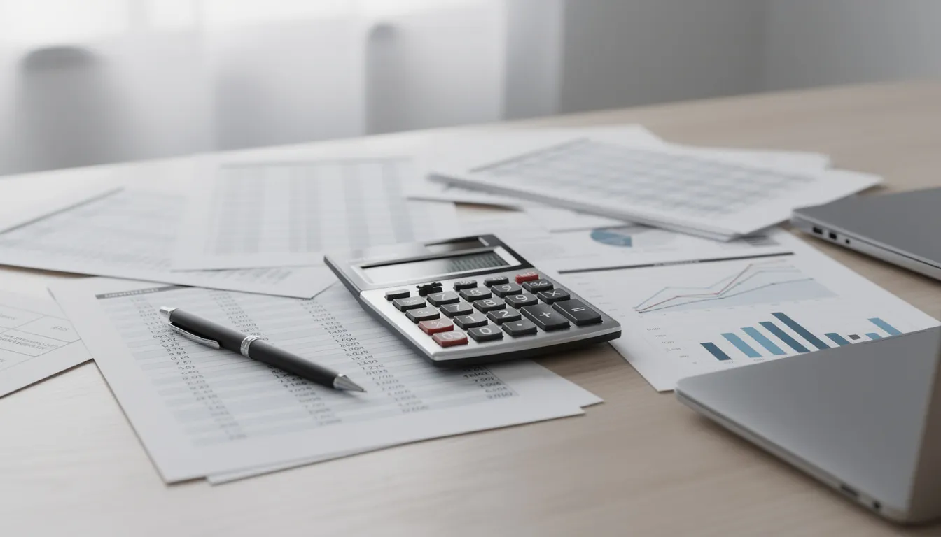 The image shows a calculator alongside various financial documents on an office desk, highlighting important aspects of employment such as holiday entitlement, employment contracts, and notice periods. This setup suggests a focus on financial planning and understanding employee benefits in the workplace.