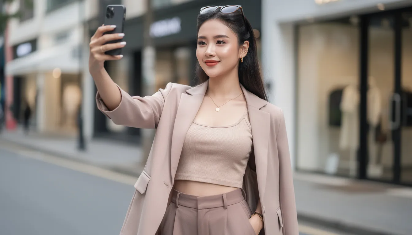 A stylish Thai young woman confidently takes a selfie, showcasing her fashionable outfit against a vibrant background, embodying the essence of modern Thai culture. Her expression radiates joy, reflecting the lighthearted way Thai people often engage with friends and social media.
