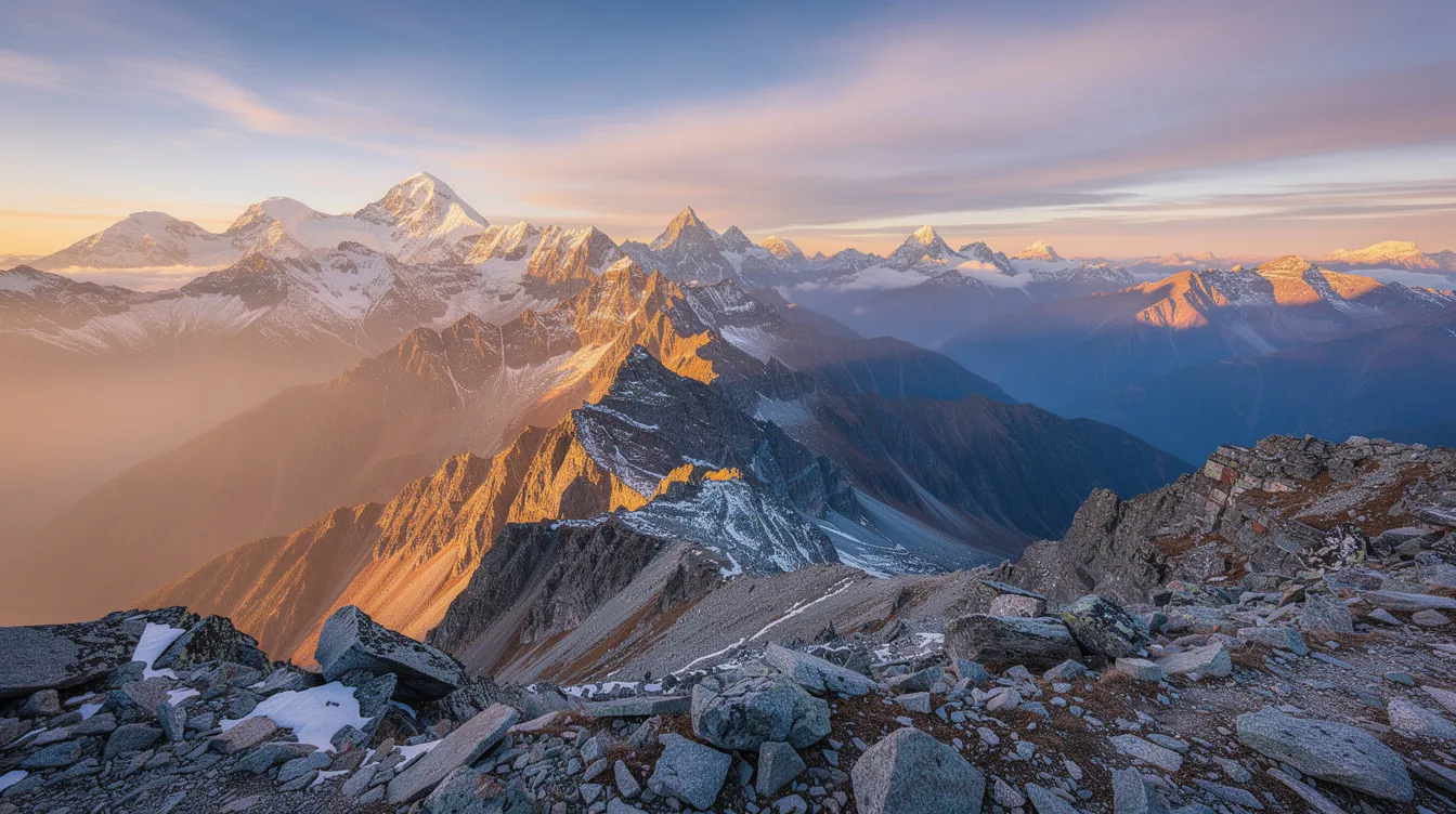 A breathtaking panoramic view of snow-capped Himalayan mountain peaks at sunrise, with rocky terrain in the foreground, captures the majestic beauty of the mountains known for their mineral-rich shilajit resin. This serene landscape is a reminder of the natural origins of pure Himalayan shilajit, often celebrated for its health benefits and potency.