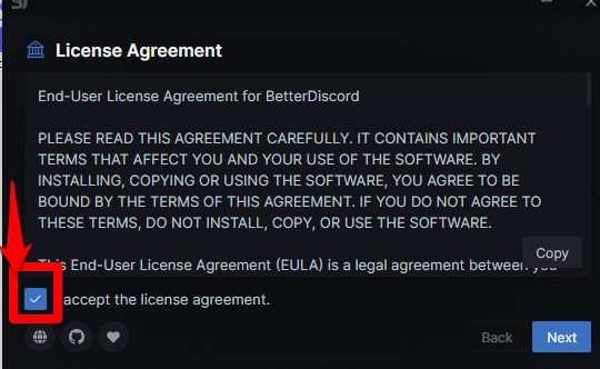 Image showing the license agreement on thr Better Discord app