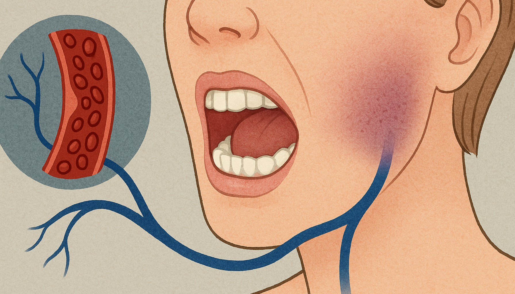 Illustrasjon viser dårlig blodsirkulasjon som påvirker munnen, med bleke tannkjøtt og reduserte blodårer symbolsk vist.