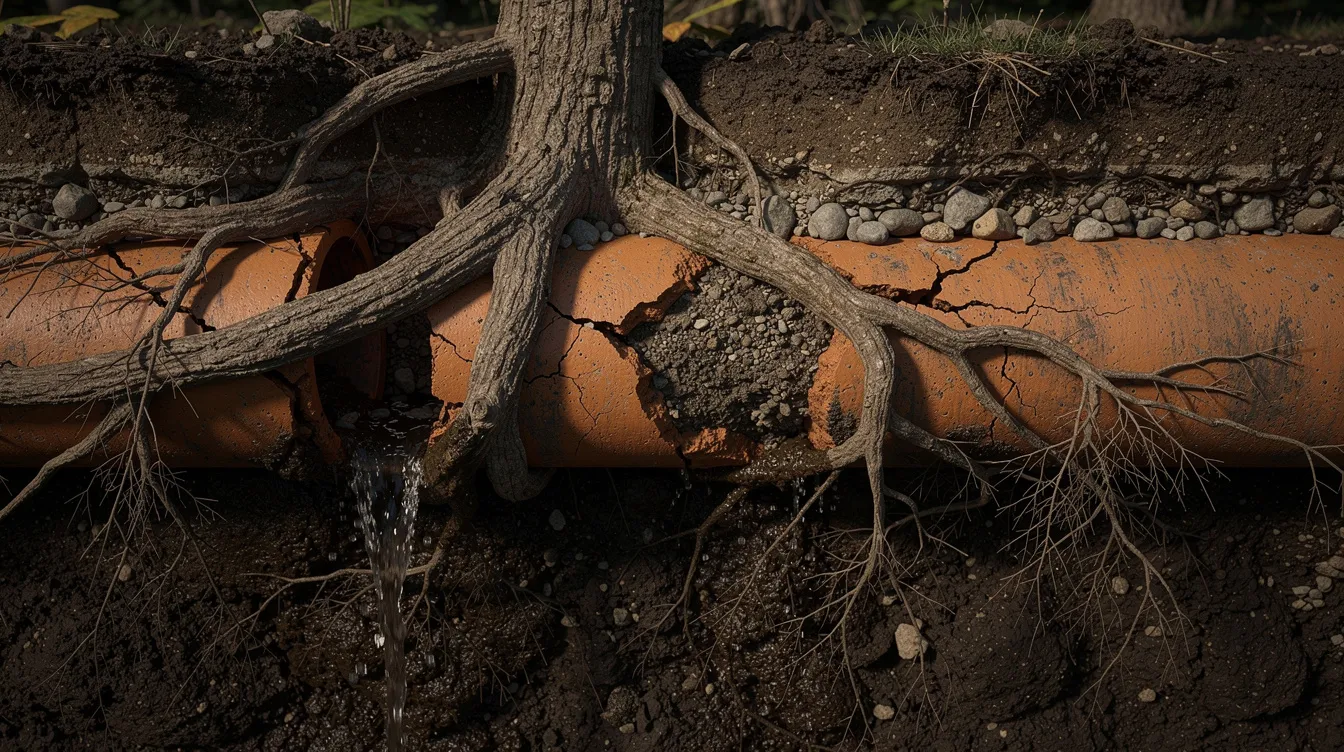 The image depicts thick tree roots entwined around a cracked underground clay sewer pipe, illustrating a common sewer line problem known as tree root intrusion. This issue can lead to significant sewer line damage, causing slow drains and potential sewage backups in residential and commercial properties.