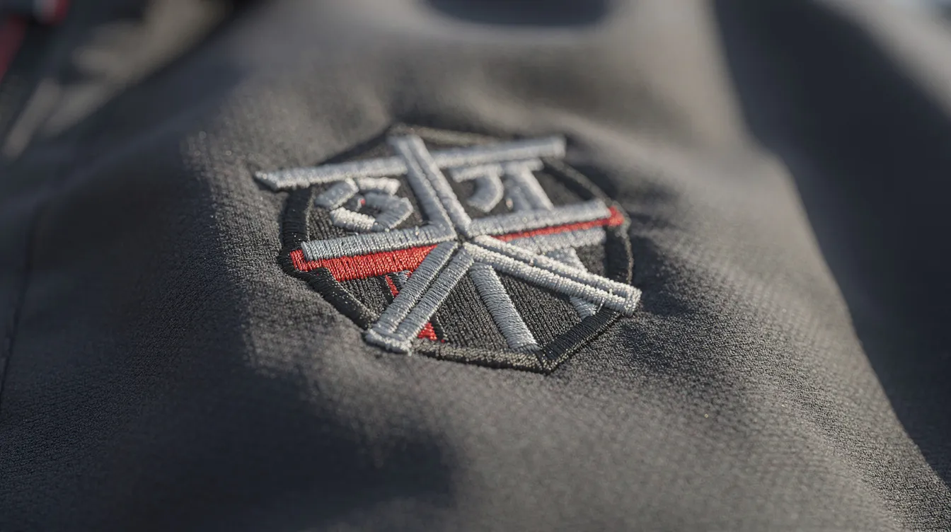 L&auml;hikuvassa n&auml;kyy brodeerattu logo takin rinnassa, joka on osa ty&ouml;vaatteita yrityksen logolla. T&auml;m&auml; yksityiskohtainen kuva esittelee logon selke&auml;sti, mik&auml; korostaa ty&ouml;vaatteiden ainutlaatuisuutta ja br&auml;nd&auml;yst&auml;.