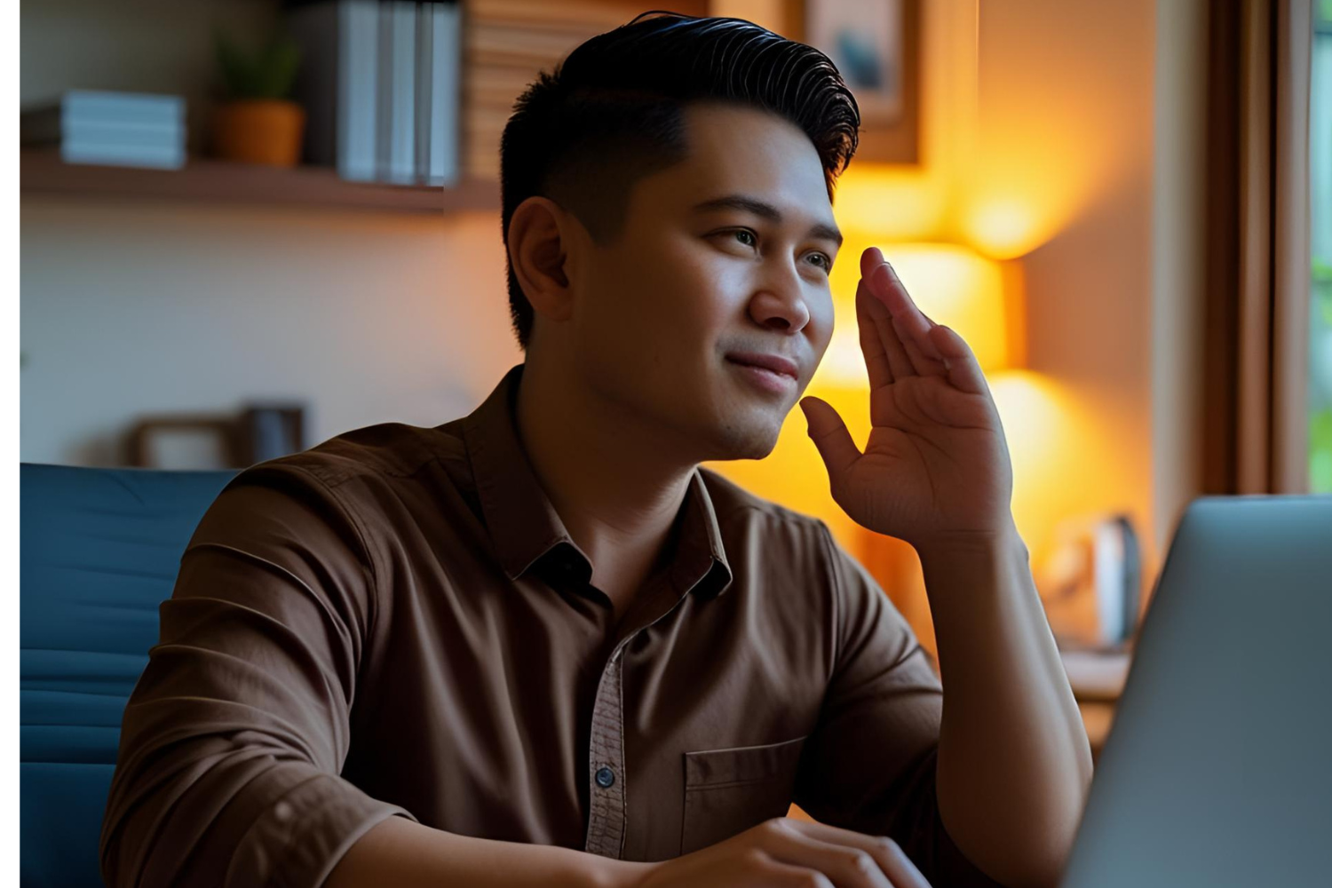 Scene of a Filipino remote worker nodding during a video call.