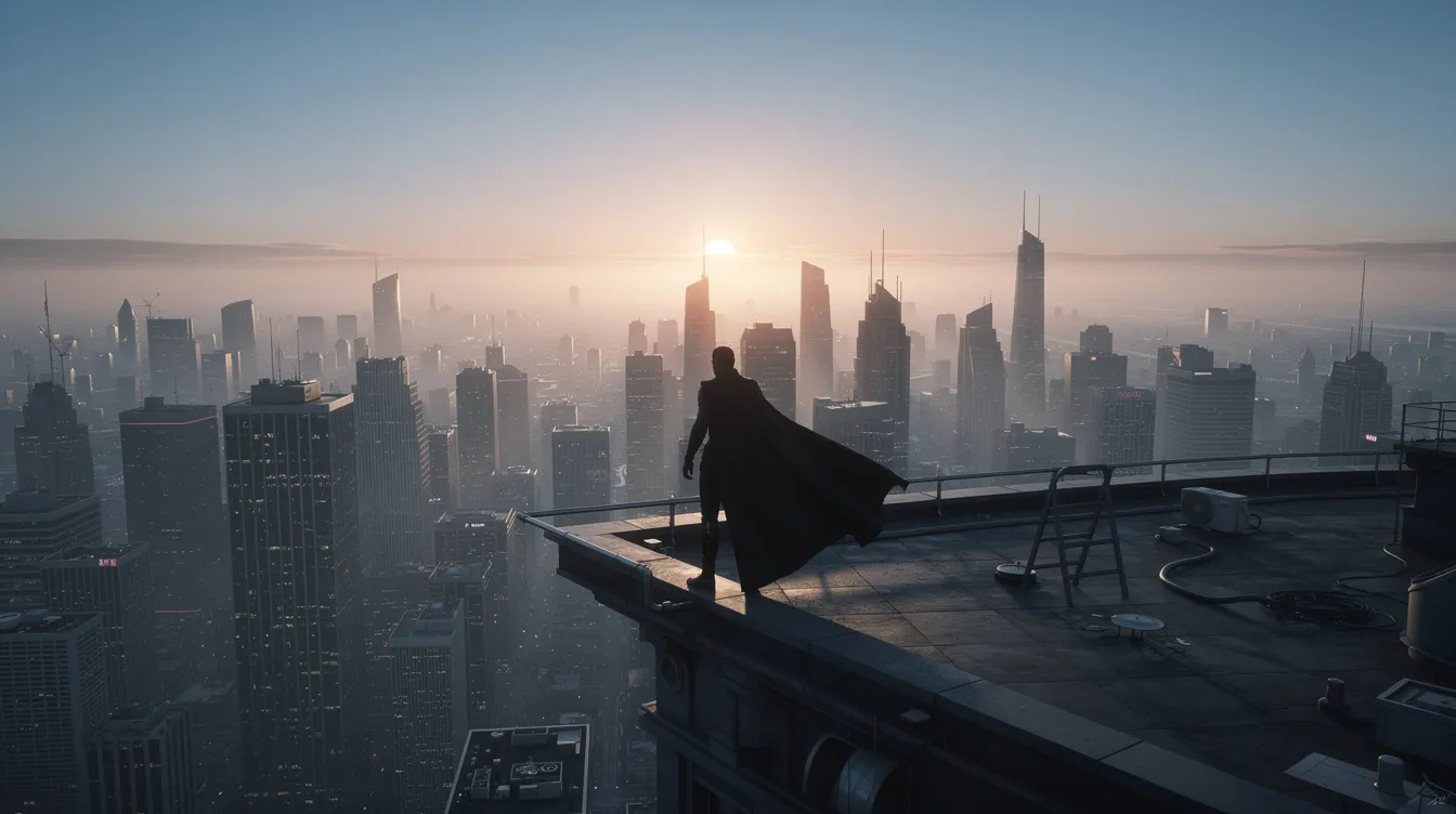 Die Silhouette einer Figur mit wehendem Umhang steht auf einem Hochhausdach und blickt über die weite Stadtlandschaft von Gotham City, während die ersten Strahlen der Morgendämmerung den Himmel erleuchten. Diese Szene erinnert an das düstere und faszinierende Universum von "Batman Begins", in dem das Alter Ego von Bruce Wayne als Rächer der Nacht auftritt.