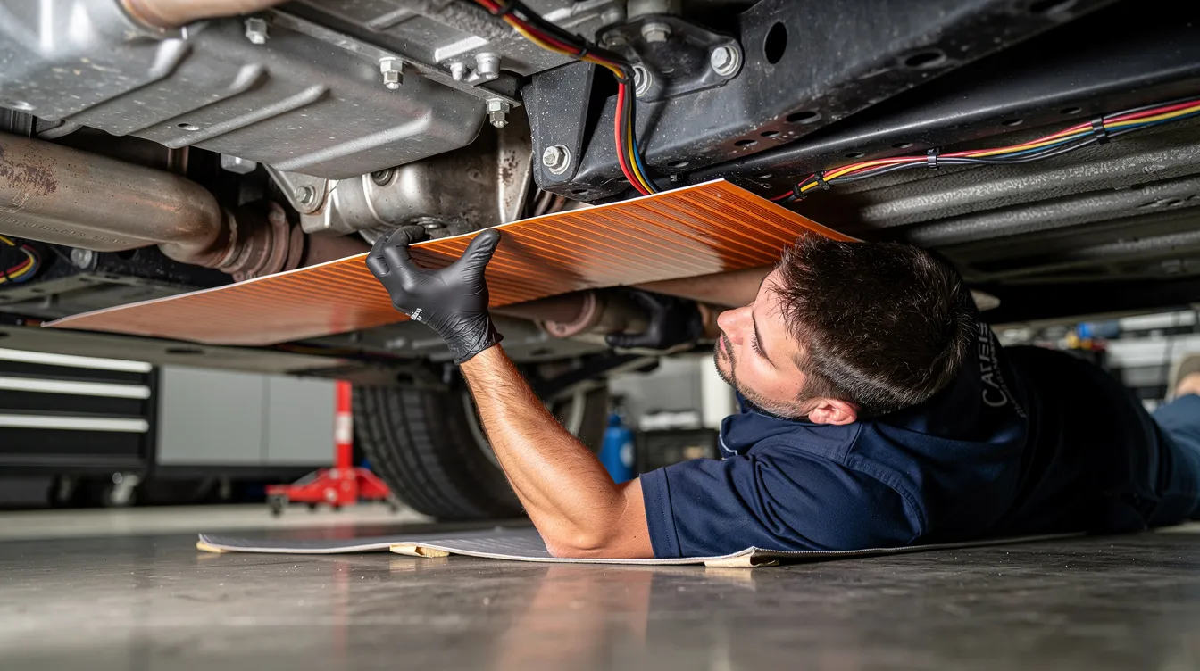A mechanic is shown installing a flexible silicone heating pad under a vehicle to provide electric heating, ensuring the area remains warm and preventing cold-related issues. The pad is designed to be durable and efficient, making it an ideal solution for automotive applications.