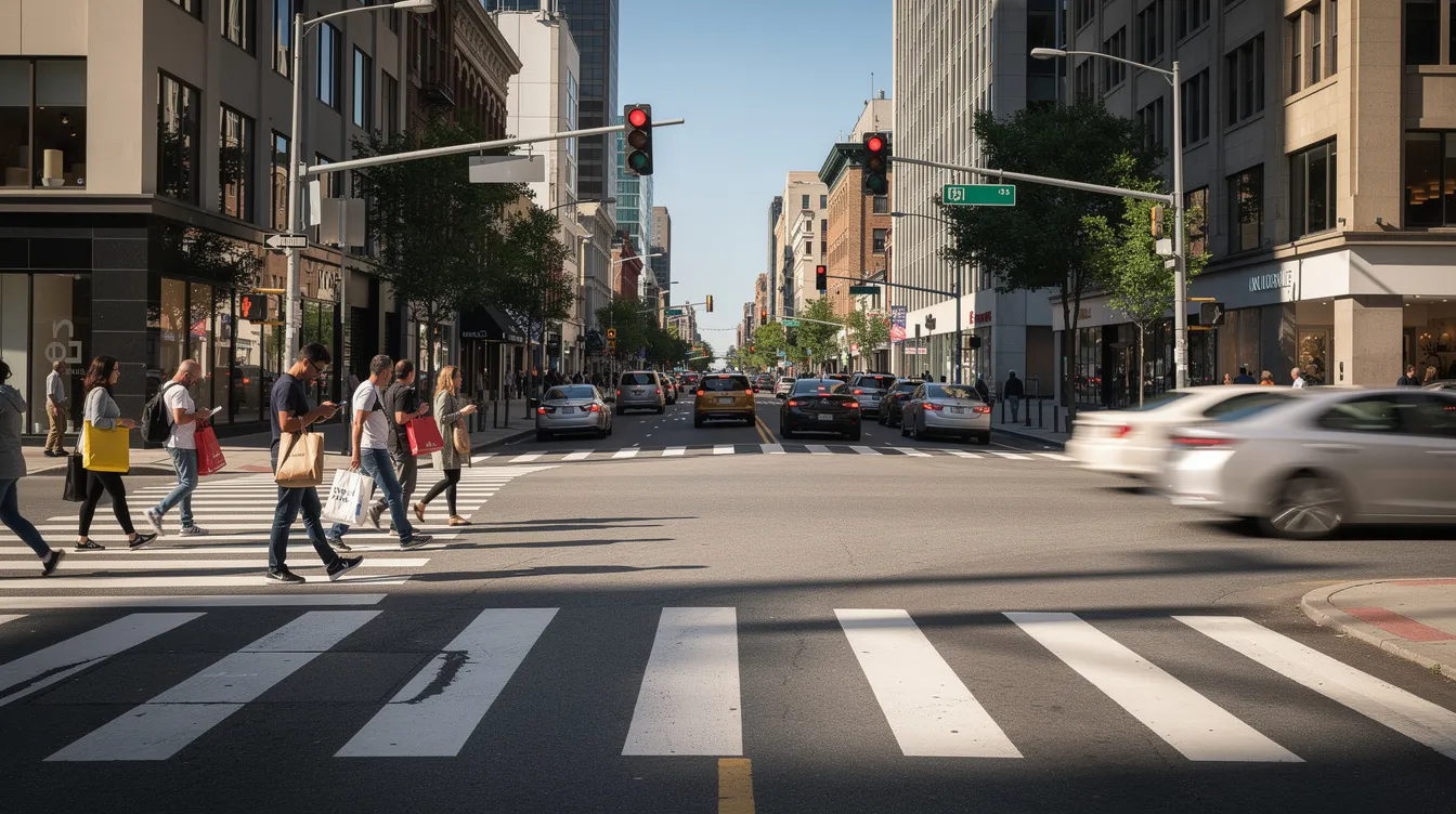 The image depicts a crosswalk at an intersection, highlighting the potential risks for pedestrians, including the dangers of distracted drivers and the possibility of serious accidents. This scene serves as a reminder of the importance of caution while crossing, as pedestrian accidents can lead to severe injuries or even fatalities.