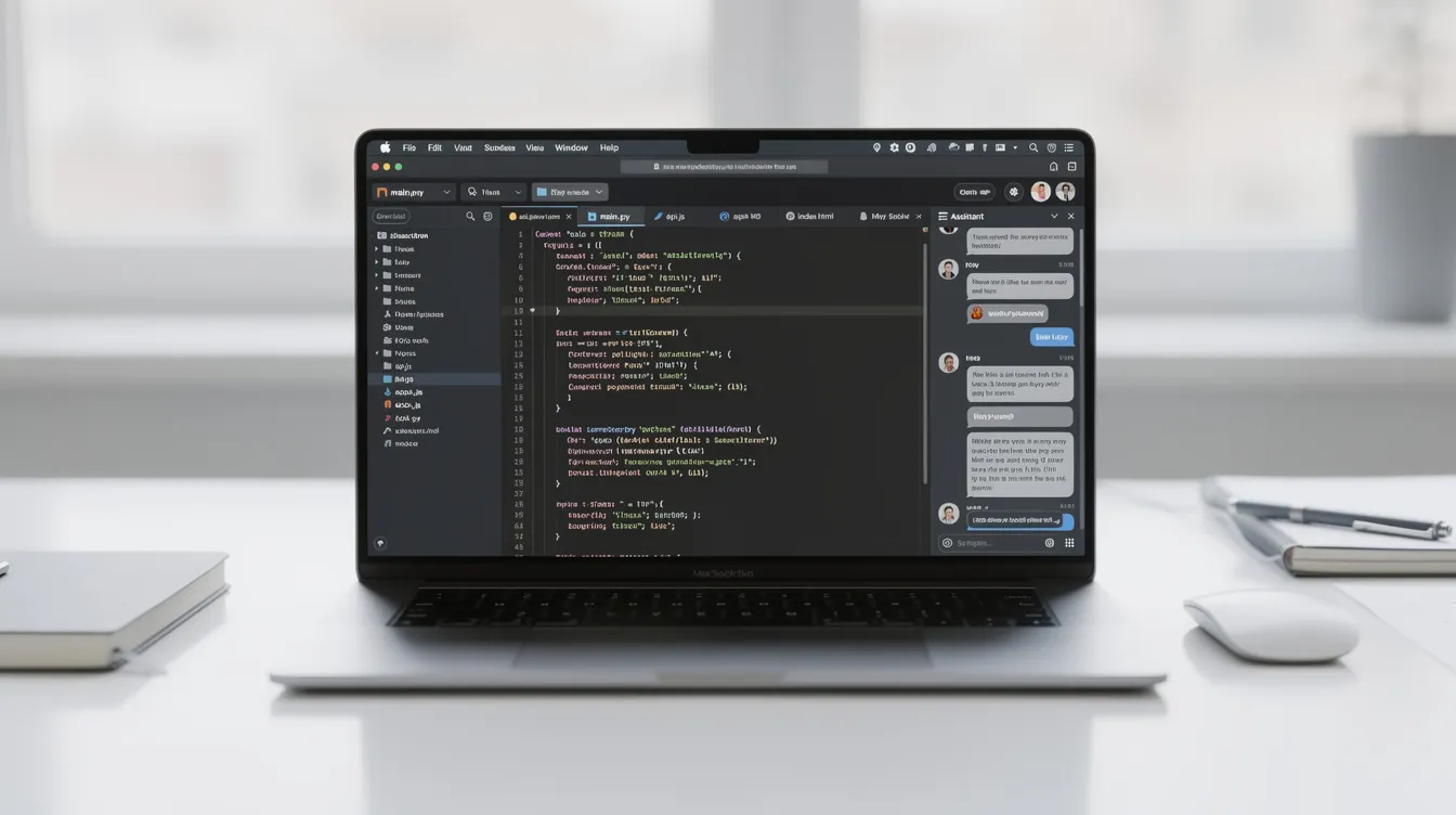 The image shows a sleek laptop positioned on a tidy desk, displaying a modern code editor with multiple open files and a chat panel on the side, illustrating an efficient coding environment enhanced by AI coding tools for real-time code suggestions and project context management. The setup reflects the essentials of an AI-powered coding assistant, ideal for writing code and improving code quality.