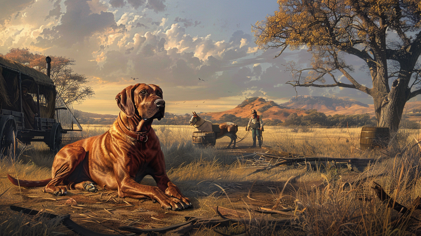 An historical image of a Rhodesian Ridgeback with an African landscape in the bacground