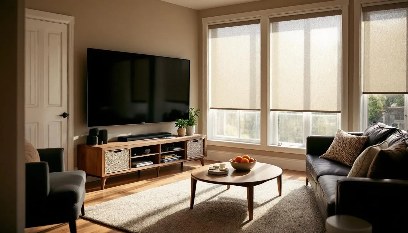In a cozy family room, UV protection roller shades are elegantly positioned on the windows, creating a warm ambiance by allowing natural light to filter through while effectively blocking UV rays and reducing glare. The shades enhance the room's aesthetics and provide a comfortable space for relaxation and entertainment.