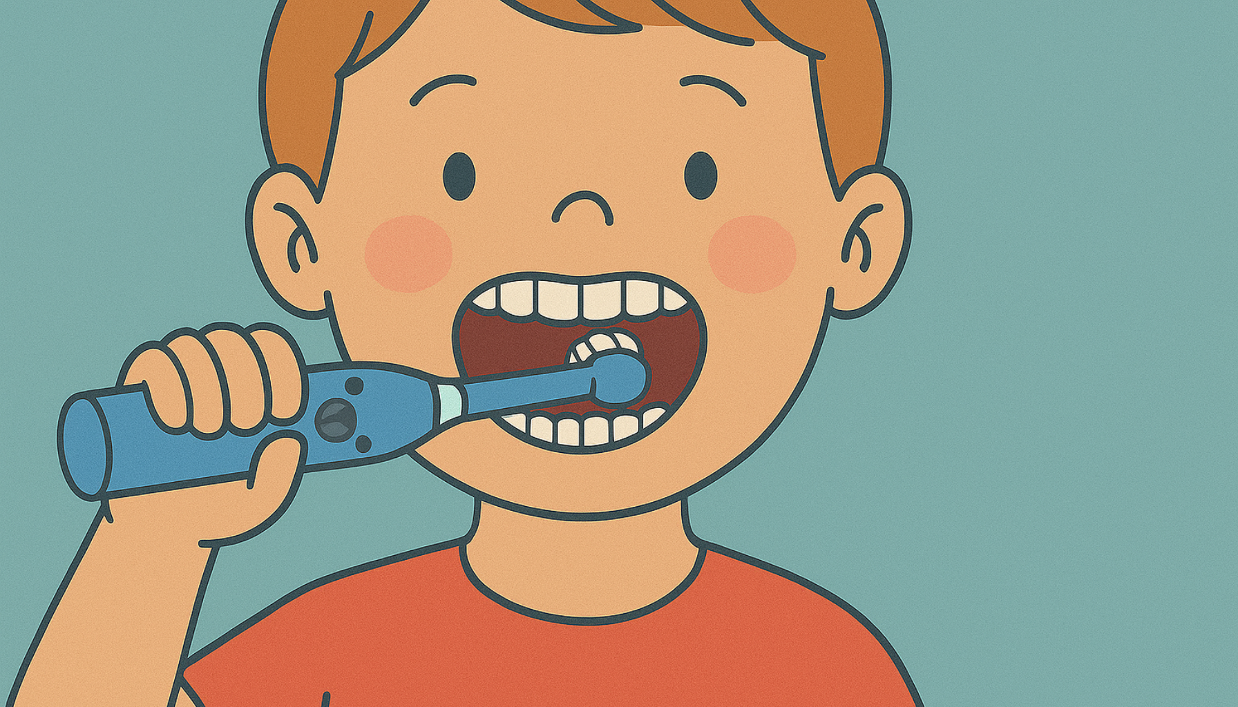 Elektrisk tannbørste for barn – Den smarte veien til bedre tannhelse 16 Illustrasjon av barn som pusser tennene med elektrisk tannbørste, viser god munnhygiene og tannhelse.