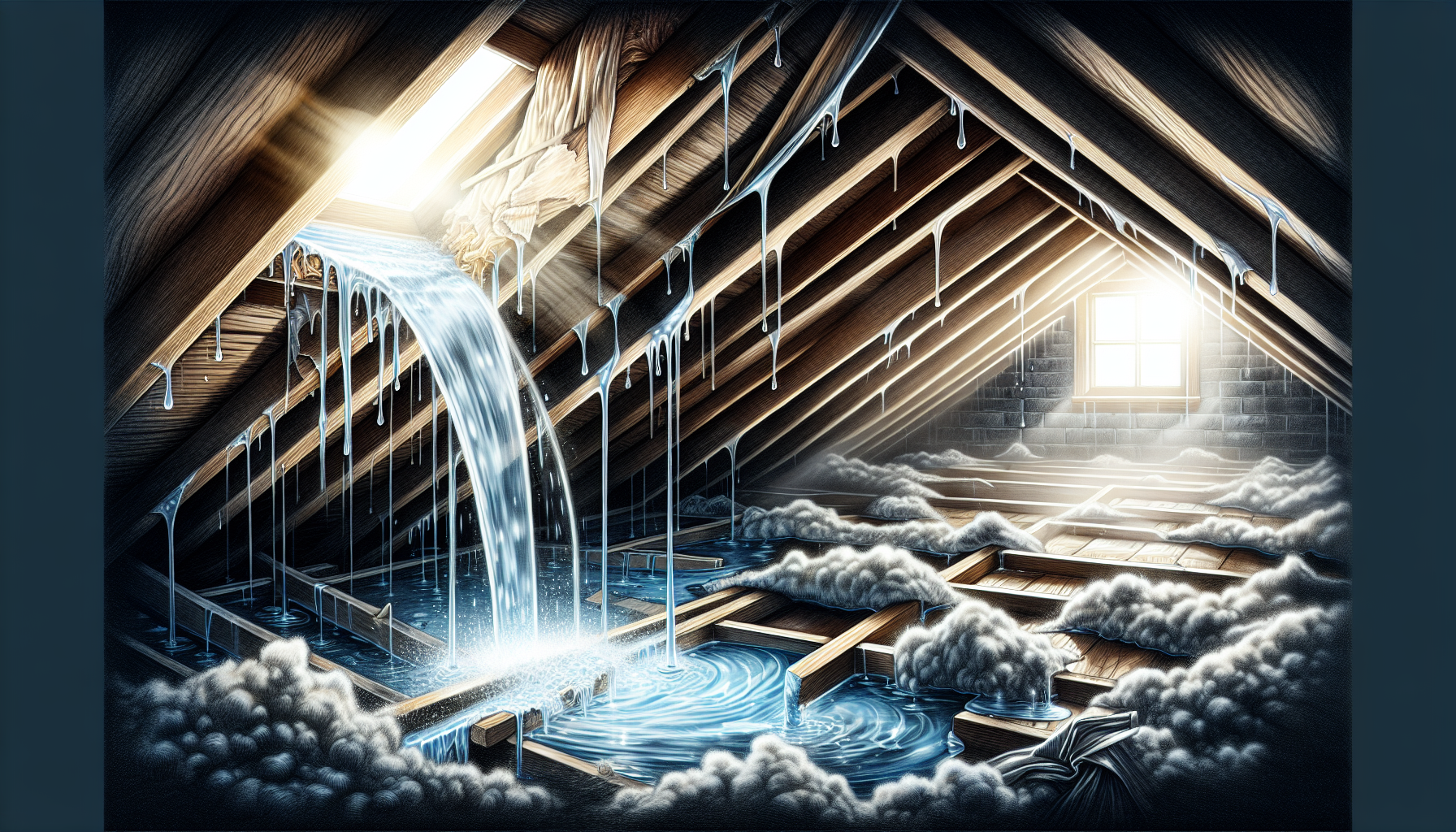 An artistic representation of a roof with visible leaks and water damage in the attic below.