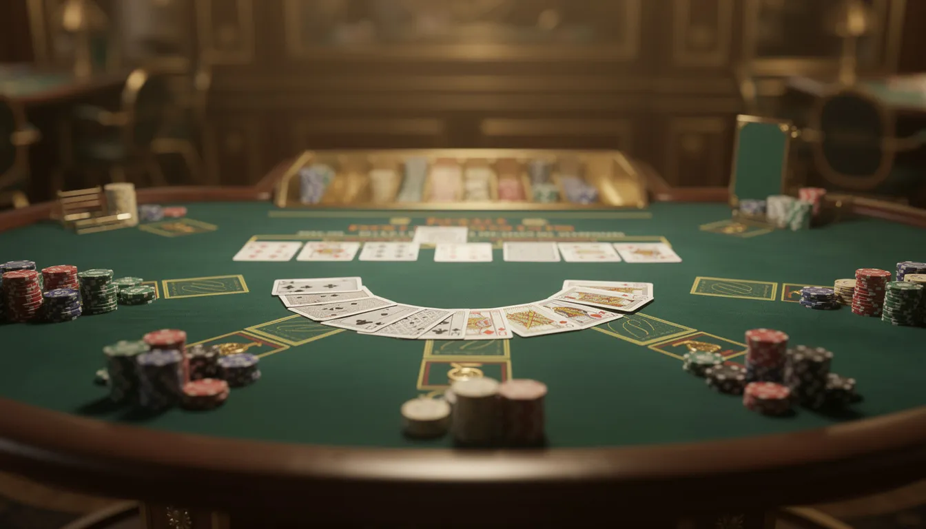 Ett casinobord i elegant belysning med spelkort och marker, som skapar en atmosfär av spänning och underhållning. Denna bild representerar en del av det breda utbudet hos Interwetten, där spelare kan njuta av live casino och olika spelalternativ.