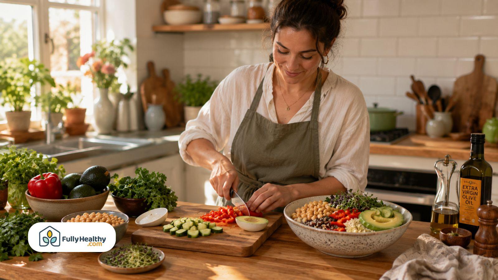 Person preparing fresh vegan meal with colorful vegetables legumes and wholesome ingredients naturally