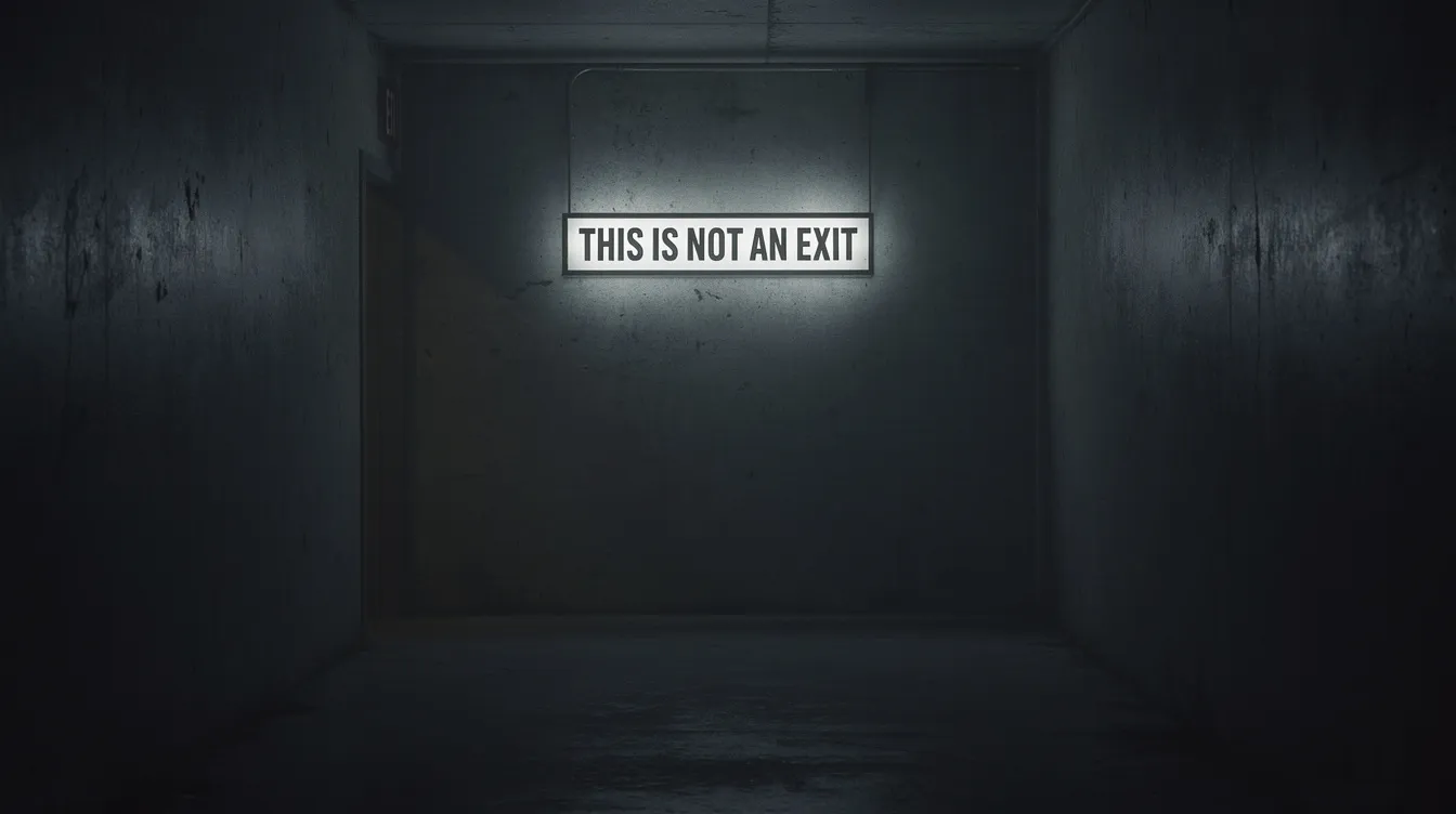 Das Bild zeigt ein beleuchtetes Schild in einem dunklen Korridor mit dem Schriftzug "This is not an exit", das an die düstere Atmosphäre des Films "American Psycho" erinnert. Die Szenerie könnte die Verzweiflung und den Narzissmus des Protagonisten Patrick Bateman widerspiegeln, der in der hektischen Welt von New York City gefangen ist.