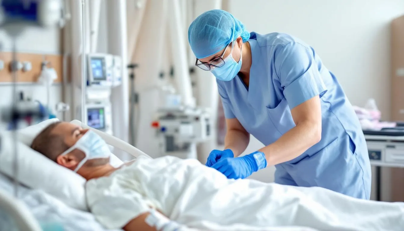 A healthcare professional wearing a surgical mask is providing care to a patient in a hospital room, emphasizing the importance of infection prevention and control measures in healthcare settings. The scene highlights the use of appropriate personal protective equipment to reduce the risk of healthcare-associated infections.