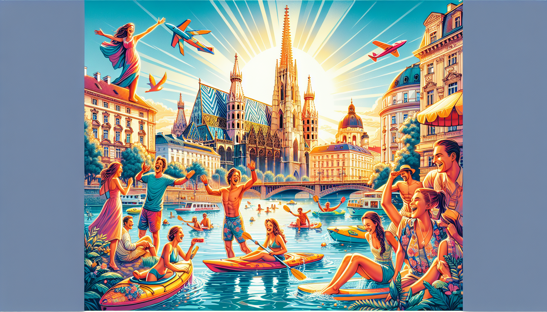 A playful illustration of daytime activities for stag groups in Vienna, including sightseeing and outdoor fun.