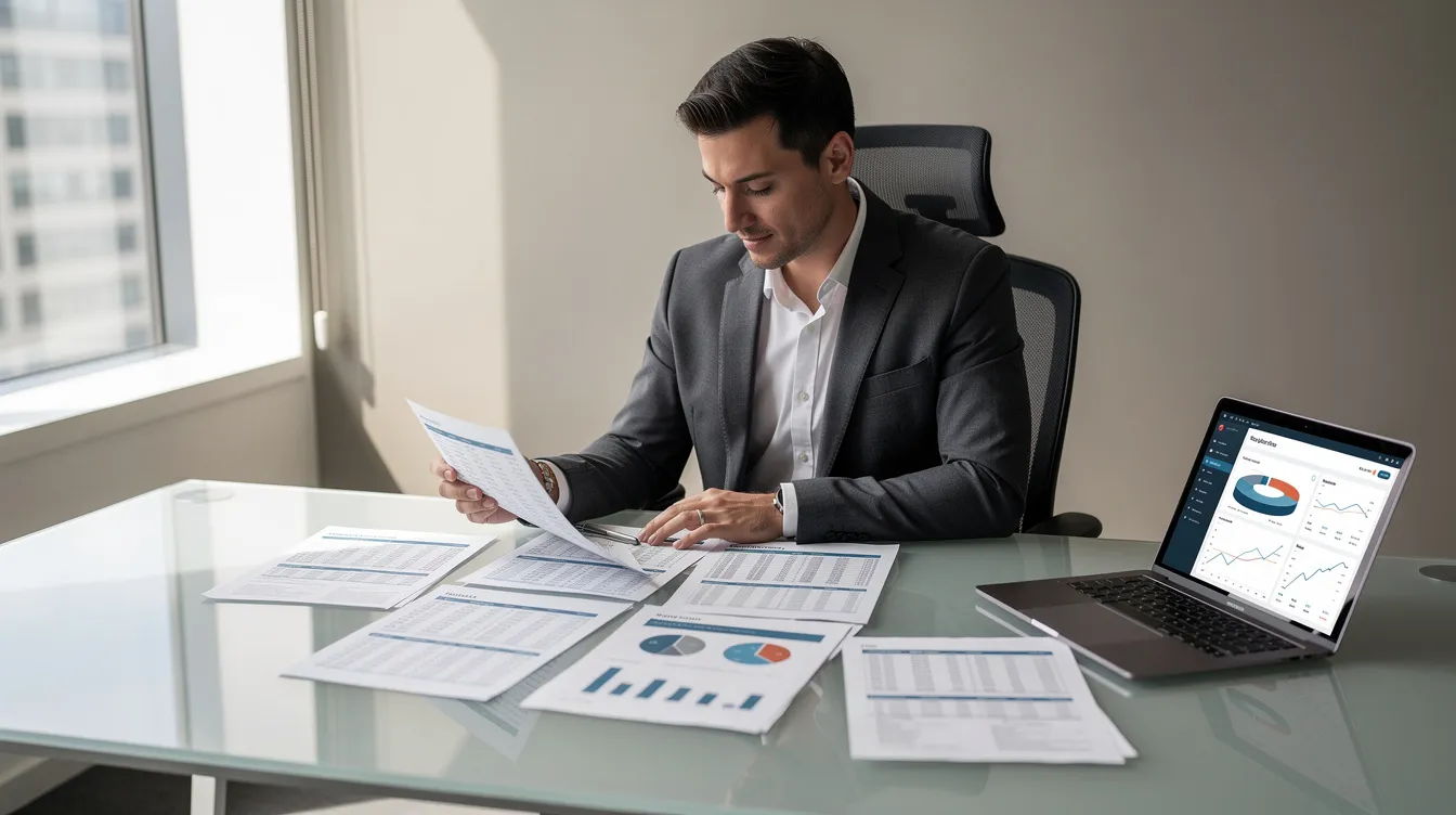 A person is seated at a desk, diligently reviewing financial documents while a laptop is open nearby, suggesting they may be preparing to file income tax returns or organizing their pan card details for financial transactions. The scene conveys a sense of focus on managing important financial matters, such as the income tax act and associated supporting documents.